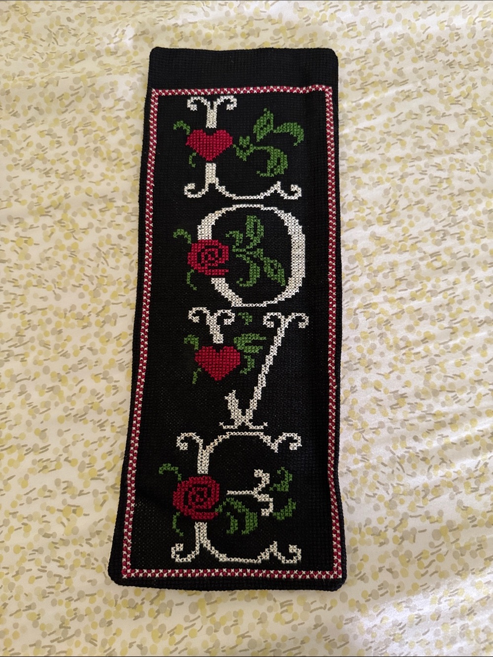 Handcrafted Black 'LOVE' Tapestry Wall Accent with Red Roses